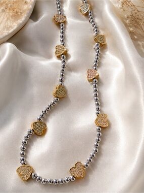 Gold & Silver Heart Station Necklace - Women Jewelry